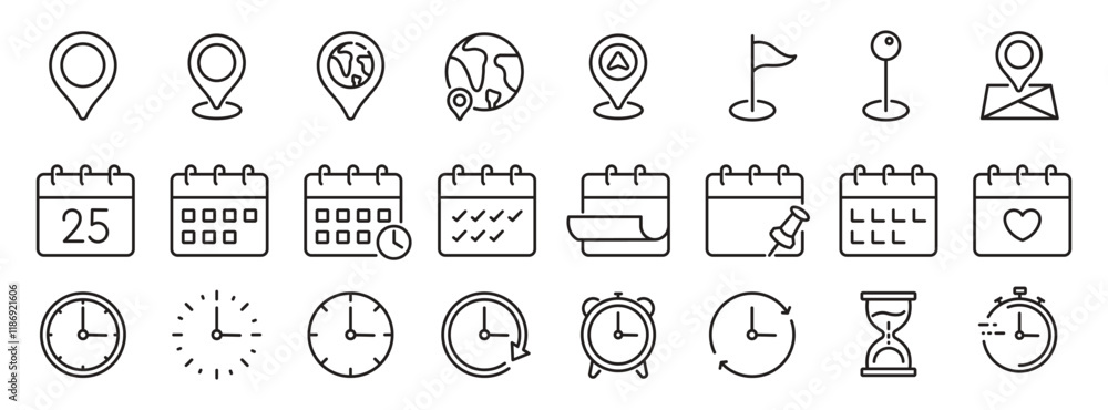 Time, date and location icon set in line style, Containing hourglass ...