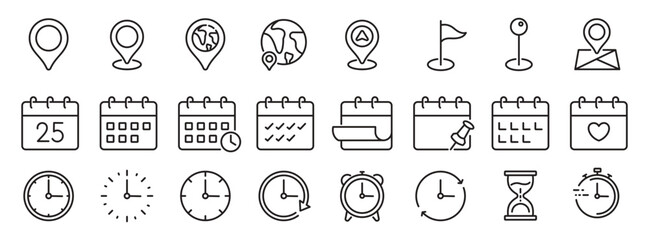 time, date and location icon set in line style, containing hourglass, pin, stopwatch, calendar, cloc