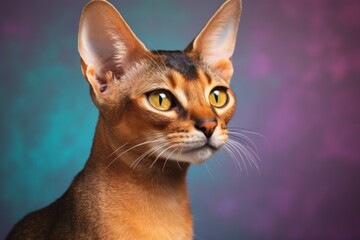 Wall Mural - Portrait of a funny abyssinian cat in front of soft multicolor background