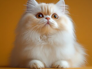 Fluffy cream and white cat with big eyes resting against a bright yellow background, showcasing its luxurious fur and curious expression