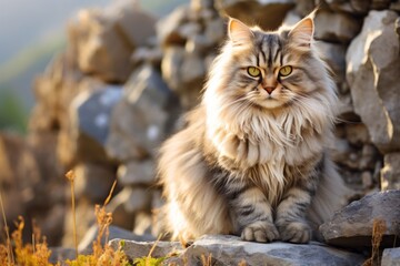 Wall Mural - Portrait of a happy british longhair cat on rocky cliff background