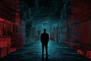 Businessman standing in futuristic cyberspace environment with digital data and binary code projected on walls