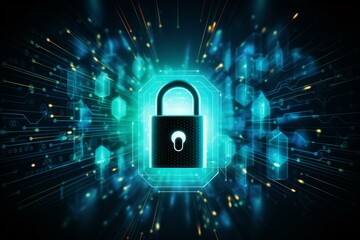 Wall Mural - digital padlock securing data flow in virtual environment, symbolizing robust cybersecurity measures