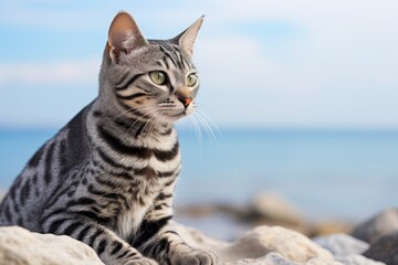 Wall Mural - Portrait of a cute egyptian mau cat in front of serene seaside background