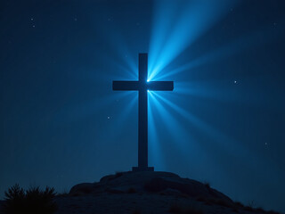 Wall Mural - a majestic christian cross illuminated by a soft blue light ray in the darkness of a quiet night sky