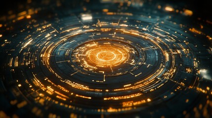 Wall Mural - Futuristic circular interface with glowing orange lights.