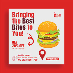 Wall Mural - Fast Food social media post banner ad template, editable restaurant promotional advertising social media square flyer or poster design, online food delivery banner for restaurant or cafe. 