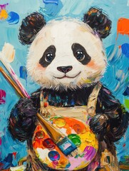 Poster - Cute panda joyfully painting with a bright palette and brush in a colorful artistic setting. Generative AI