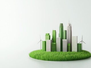 Wall Mural - A futuristic cityscape with green skyscrapers and wind turbines, set on a grassy base, symbolizing sustainability and eco-friendly development.