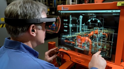 Engineer wearing augmented reality goggles interacts with a digital blueprint displayed on a large computer screen, showcasing the innovative use of technology in modern manufacturing processes