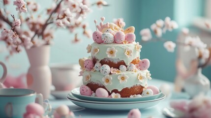 Wall Mural - Delightful Easter Cake Decorated With Pastel Eggs And Flowers