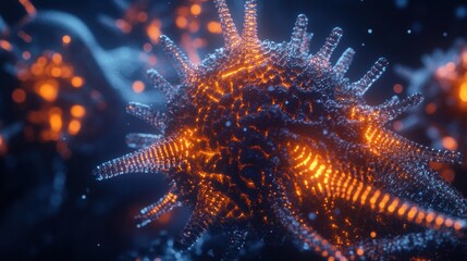 Poster - Detailed 3D visualization of a virus structure revealing capsid features and glowing RNA strands in a captivating display. Generative AI