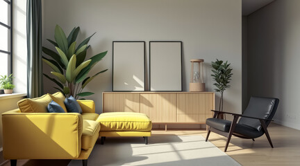 sunlit living room with yellow sofa black chair