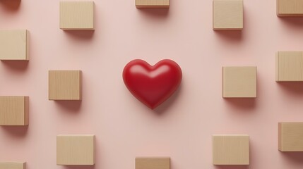 a romantic valentine's day concept with wooden blocks and a red heart on a soft, light background, d