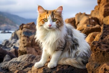 Wall Mural - Portrait of a funny australian mist cat on rocky shoreline background