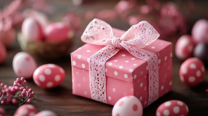 Wall Mural - Pink Gift Box With Lace Bow And Easter Eggs