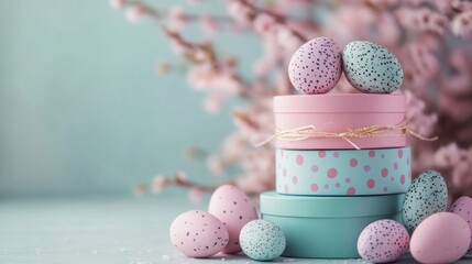 Wall Mural - Pastel Easter Eggs Atop Stacked Gift Boxes