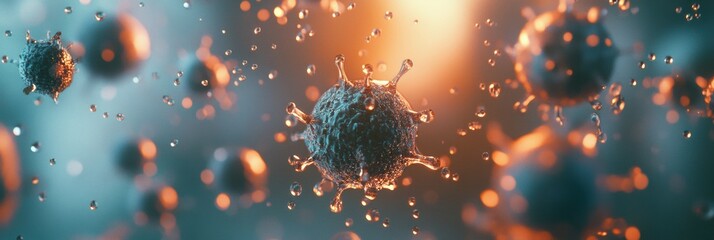 Poster - Floating viruses suspended in droplets of water under dramatic lighting conditions. Generative AI