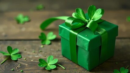 Wall Mural - Green gift box for St. Patrick's Day. with clover leaves on a wooden background.