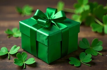 Wall Mural - Green gift box for St. Patrick's Day. with clover leaves on a wooden background.