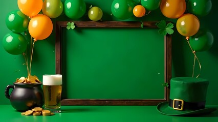 Wall Mural - St. Patrick's Day Concept. A frame decorated with balloons, a cauldron with gold coins, a glass of beer and a leprechaun's hat