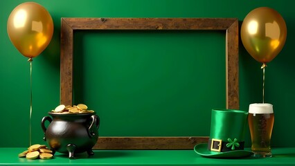 Wall Mural - St. Patrick's Day Concept. A frame decorated with balloons, a cauldron with gold coins, a glass of beer and a leprechaun's hat