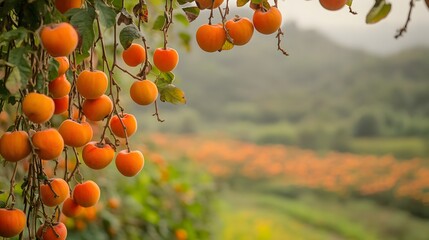 Wall Mural - Ripe Persimmon Fruit Hanging On Branches In Orchard