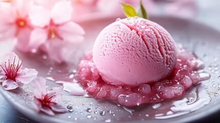 Wall Mural - Pink ice cream scoop on pink pearls with cherry blossoms.