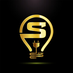 Wall Mural - English alphabet S with an electric bulb and plug. Electricity logo design template gold color style