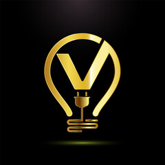 Wall Mural - English alphabet V with an electric bulb and plug. Electricity logo design template gold color style