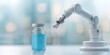 © Pixelbiz - AI trend 2025 business concept. A robotic arm approaches a vial containing blue liquid, symbolizing advanced technology in pharmaceuticals and automation.