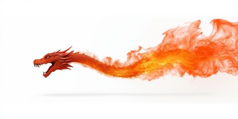 Wall Mural - A dragon with a fiery tail is flying through the air. The dragon is red and orange, and its tail is also orange. The image has a sense of danger and excitement, as the dragon is a powerful