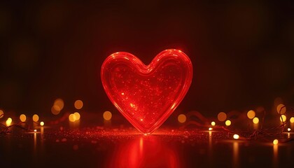 Wall Mural - Faceted crystal heart with a red glow, surrounded by soft bokeh lights, creating a warm and romantic atmosphere