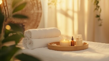 Poster - Towels, burning candles, essential oils and beauty products are lying on a massage bed, creating a relaxing atmosphere for a luxurious spa treatment during summer holiday
