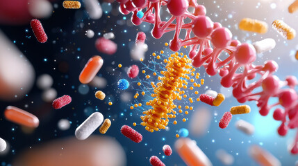 Poster - 3D illustration of nanostructure interacting with various microorganisms, showcasing vibrant colors and intricate details. This visual represents complexity of microscopic life