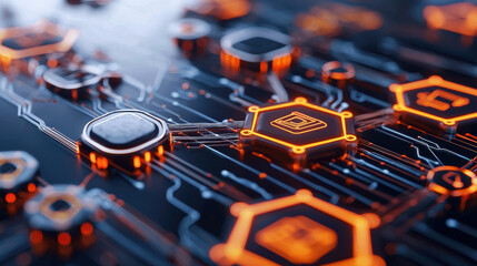 Fototapete - close up view of interconnected nodes and data streams with glowing orange accents, showcasing futuristic digital network. intricate design highlights technology and innovation