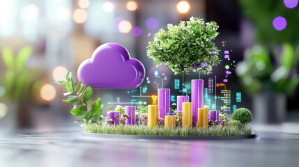 Fototapete - vibrant 3D infographic illustrating connection between cloud computing and data visualization, featuring colorful graphs, greenery, and cloud symbol