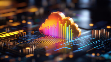 Poster - vibrant 3D model of cloud system visualizing big data with colorful graphs and digital circuits, representing technology and innovation in data management