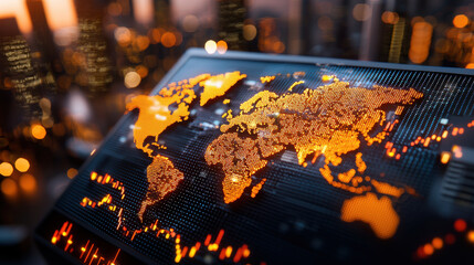 Fototapete - 3D render of world map displaying global data trends with vibrant orange highlights. background features blurred cityscape, creating dynamic and modern atmosphere