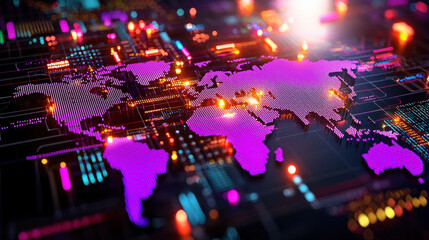 Aufkleber - vibrant 3D render of world map showcasing global data trends with colorful lights and digital elements, creating futuristic atmosphere