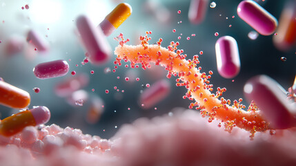 Poster - 3D visualization of molecular structure in nanotechnology, showcasing vibrant capsules and particles interacting in dynamic environment. This captures essence of scientific exploration