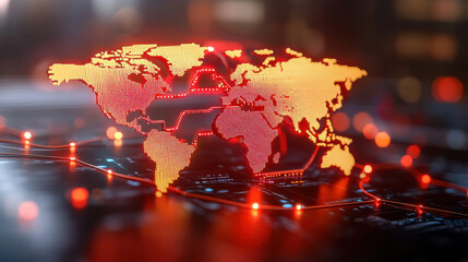 Aufkleber - 3D world map displaying real time global economic trends with glowing red and orange elements, symbolizing connectivity and data flow