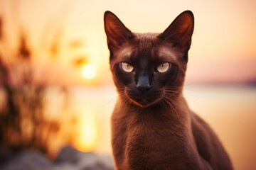 Wall Mural - Portrait of a funny burmese cat in vibrant beach sunset background