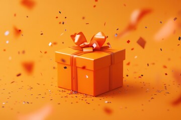 Wall Mural - Orange Gift Box with Bow and Confetti