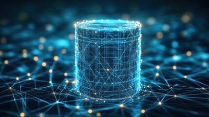 Glowing cylinder data node, on a network with bokeh use for IT themes.