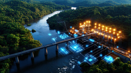 Poster - birds eye view of hydroelectric power plant surrounded by lush greenery, showcasing advanced technology and infrastructure integrated with nature. scene captures harmony between energy production