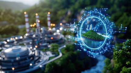 Poster - futuristic hydroelectric power plant surrounded by lush greenery, showcasing advanced technology and sustainable energy solutions. scene highlights innovation and environmental harmony