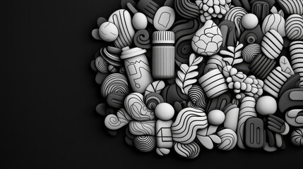 Fototapete - black and white composition of hand drawn geometric shapes, including abstract forms, cups, and organic elements, creates visually striking design
