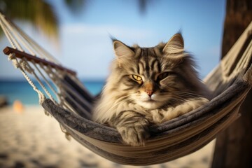 Wall Mural - Portrait of a happy siberian cat isolated in relaxing hammock on the beach background