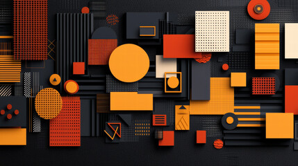 Aufkleber - Bold and abstract geometric shapes in orange, black, and yellow create striking visual composition. This illustration features various patterns and textures, evoking creativity and modern design